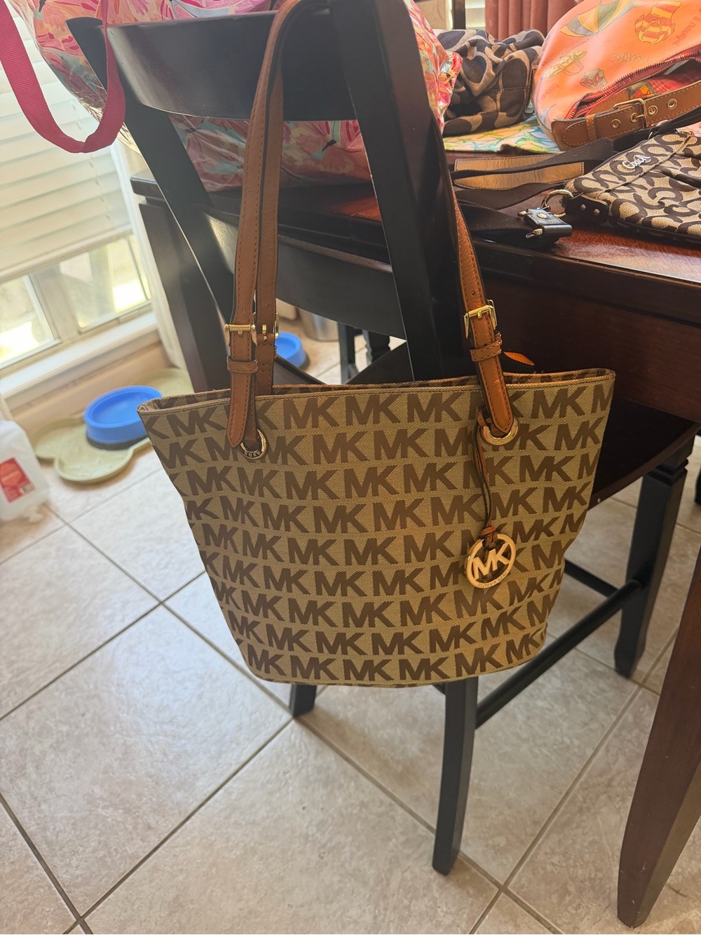 Michael Kors Brown MK Signature Tote with Tan Straps